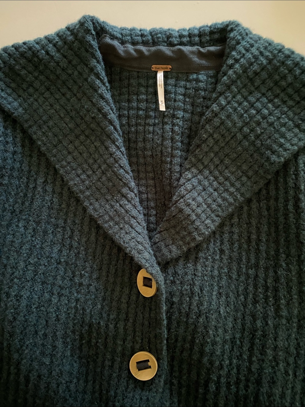 Free People Knit Belted Cardigan Coat Teal / Forest Green wood buttons Medium - Picture 3 of 16